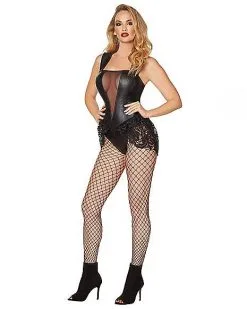 Spirit Halloween Adult Black Faux Leather And Lace Bodysuit -Girls Costumes Shop 01481183 c