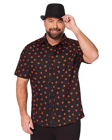 Spirit Halloween Pumpkin Print Button Down Plus Size Shirt 1 Spirit Halloween Pumpkin Print Button Down Plus Size Shirt