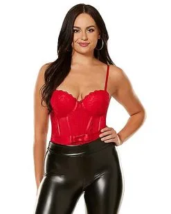 Spirit Halloween Red Pleather Lace Cup Bodysuit